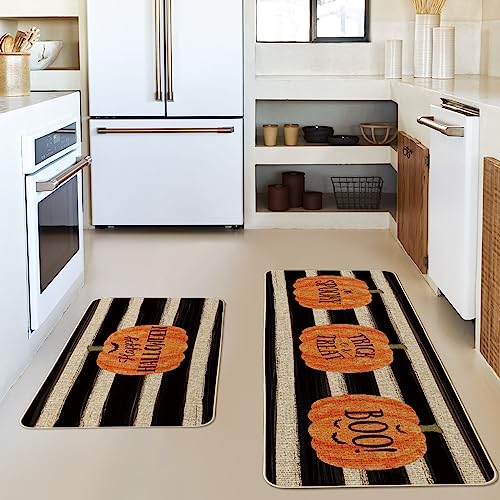 Artoid Mode Watercolor Stripes Pumpkin Decorative Kitchen Mats Set of 2, Happy Halloween Spooky Trick or Treat Boo Halloween Holiday Party Low-Profile Floor Mat for Home Kitchen - 17x29 and 17x47 Inch