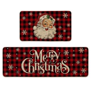 artoid mode buffalo plaid snow santa claus christmas kitchen rugs set of 2, winter low-profile floor mat merry christmas decorations for home kitchen - 17x29 and 17x47 inch