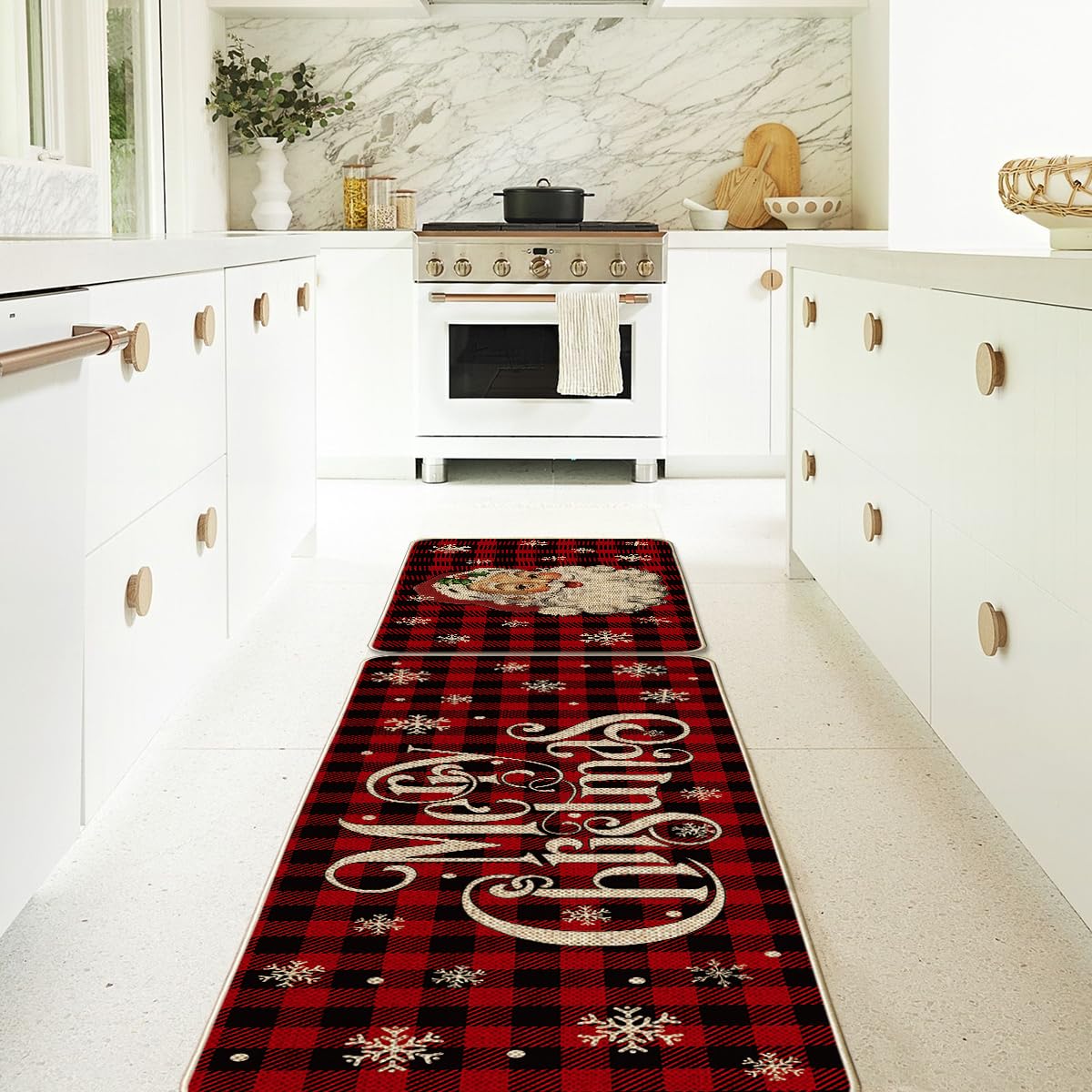 Artoid Mode Buffalo Plaid Snow Santa Claus Christmas Kitchen Rugs Set of 2, Winter Low-Profile Floor Mat Merry Christmas Decorations for Home Kitchen - 17x29 and 17x47 Inch