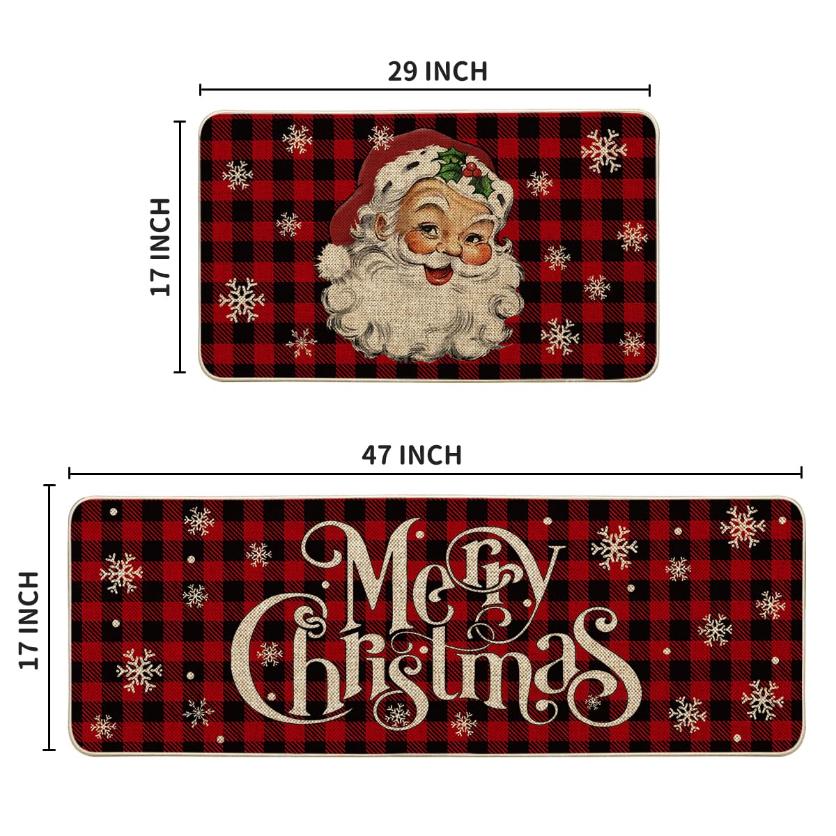 Artoid Mode Buffalo Plaid Snow Santa Claus Christmas Kitchen Rugs Set of 2, Winter Low-Profile Floor Mat Merry Christmas Decorations for Home Kitchen - 17x29 and 17x47 Inch