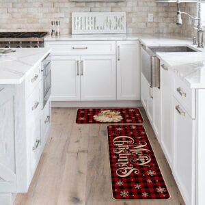 Artoid Mode Buffalo Plaid Snow Santa Claus Christmas Kitchen Rugs Set of 2, Winter Low-Profile Floor Mat Merry Christmas Decorations for Home Kitchen - 17x29 and 17x47 Inch