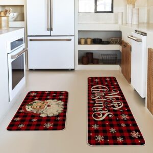 Artoid Mode Buffalo Plaid Snow Santa Claus Christmas Kitchen Rugs Set of 2, Winter Low-Profile Floor Mat Merry Christmas Decorations for Home Kitchen - 17x29 and 17x47 Inch