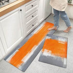 LooPoP Abstract Art Kitchen Mats for Floor Cushioned Anti Fatigue 2 Piece Set Kitchen Runner Rugs Non Skid Washable Orange Grey Gradient Oil Painting 15.7x23.6+15.7x47.2inch