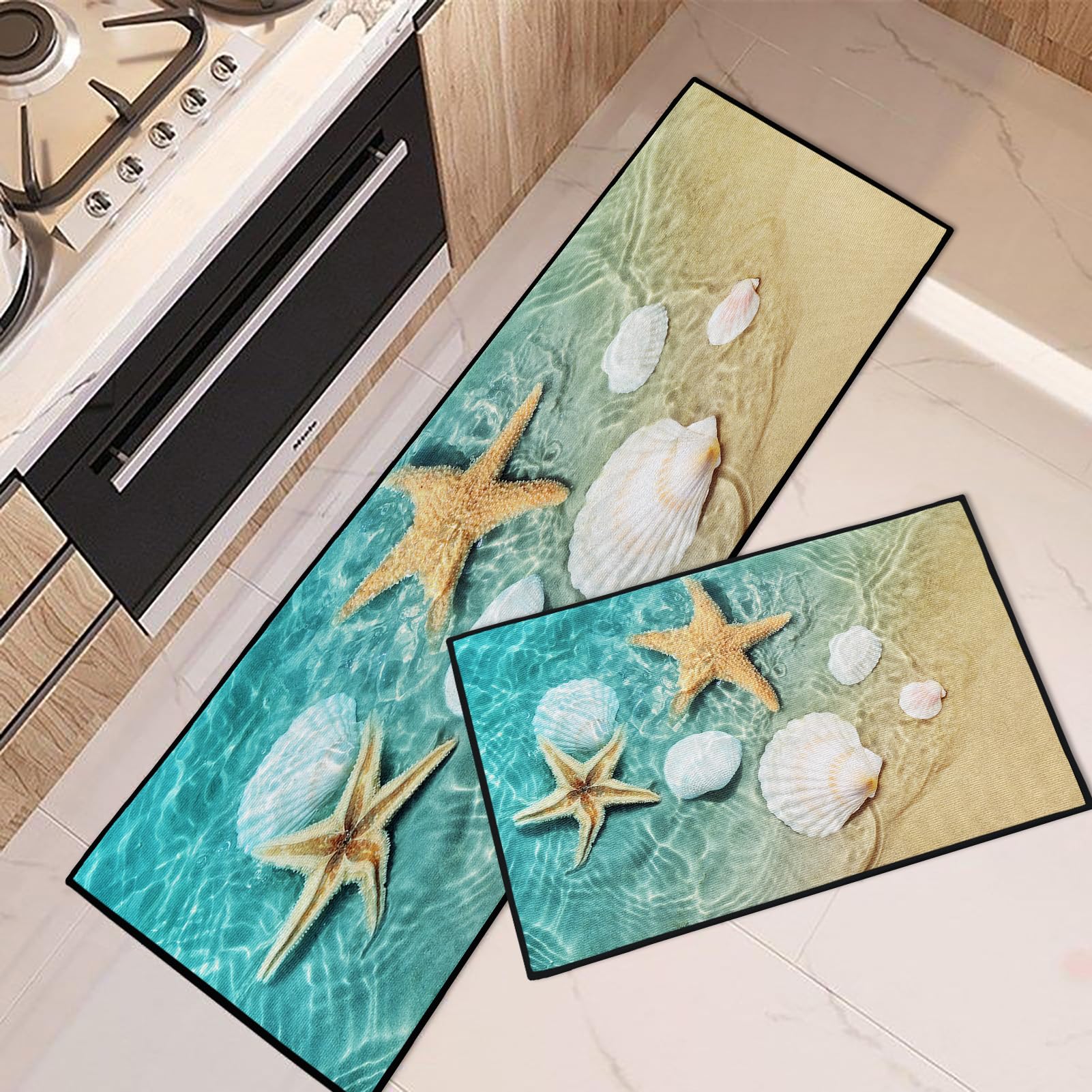 Tayney Starfish and Seashell Kitchen Rugs and Mats Non Skid Washable Set of 2, Beach Kitchen Mats for Floor, Shell Star Sand Kitchen Runner Rug, Summer Kitchen Decor