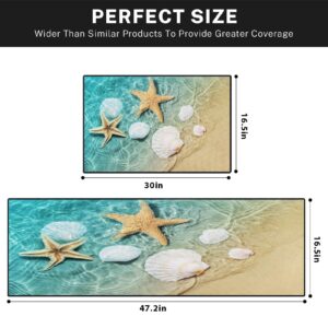 Tayney Starfish and Seashell Kitchen Rugs and Mats Non Skid Washable Set of 2, Beach Kitchen Mats for Floor, Shell Star Sand Kitchen Runner Rug, Summer Kitchen Decor