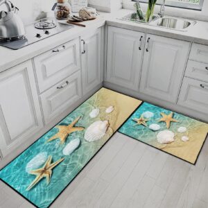 Tayney Starfish and Seashell Kitchen Rugs and Mats Non Skid Washable Set of 2, Beach Kitchen Mats for Floor, Shell Star Sand Kitchen Runner Rug, Summer Kitchen Decor