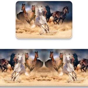 Animal Running Horse Kitchen Rug Set 2 Pieces Horses Herd Run in Desert Sand Storm Against Dramatic Sky Floor Mats Washable Doormat Anti Fatigue Non-Slip Chef Sink Runner Rugs Bedroom Area Carpet