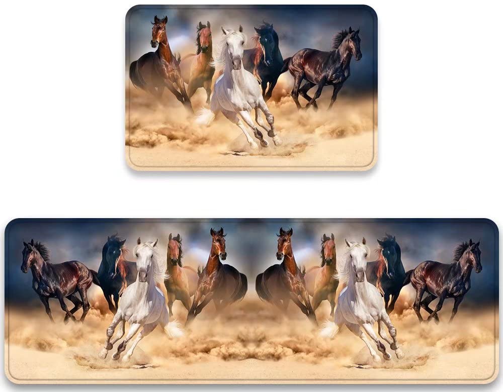 Animal Running Horse Kitchen Rug Set 2 Pieces Horses Herd Run in Desert Sand Storm Against Dramatic Sky Floor Mats Washable Doormat Anti Fatigue Non-Slip Chef Sink Runner Rugs Bedroom Area Carpet