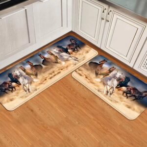 Animal Running Horse Kitchen Rug Set 2 Pieces Horses Herd Run in Desert Sand Storm Against Dramatic Sky Floor Mats Washable Doormat Anti Fatigue Non-Slip Chef Sink Runner Rugs Bedroom Area Carpet