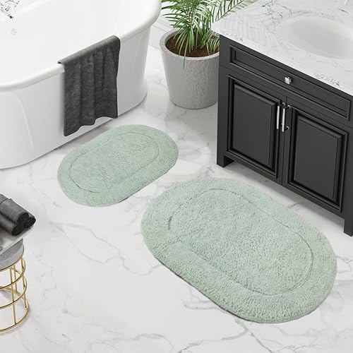 Superior Non-Slip 2 Piece Bath Rug Set, Ultra Plush, Soft and Absorbent 100% Combed Cotton Pile - Traditional Oval Bath Mat Set, Sage