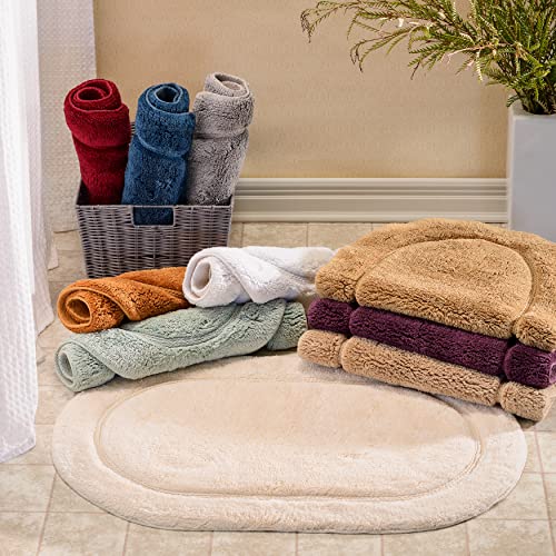 Superior Non-Slip 2 Piece Bath Rug Set, Ultra Plush, Soft and Absorbent 100% Combed Cotton Pile - Traditional Oval Bath Mat Set, Sage