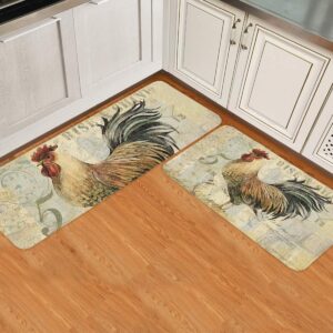 2 piece kitchen mats cushioned anti fatigue chicken cock rooster waterproof non slip kitchen rugs washable indoor outdoor vintage rustic farmhouse 15.7x23.6+15.7x47.2