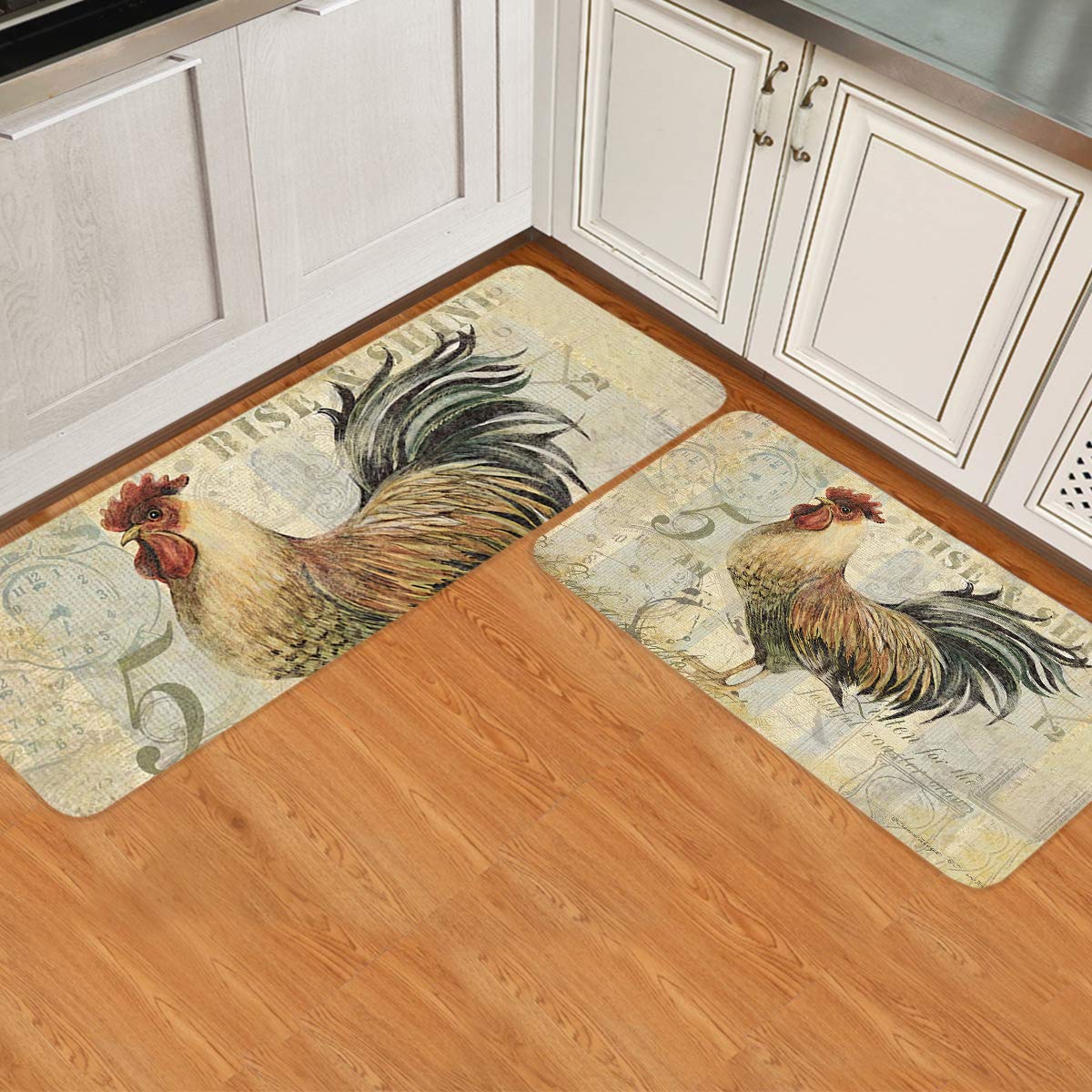 2 Piece Kitchen Mats Cushioned Anti Fatigue Chicken Cock Rooster Waterproof Non Slip Kitchen Rugs Washable Indoor Outdoor Vintage Rustic Farmhouse 15.7x23.6+15.7x47.2