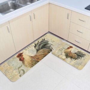 2 Piece Kitchen Mats Cushioned Anti Fatigue Chicken Cock Rooster Waterproof Non Slip Kitchen Rugs Washable Indoor Outdoor Vintage Rustic Farmhouse 15.7x23.6+15.7x47.2