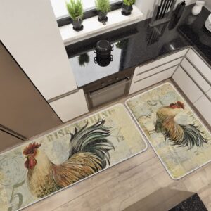 2 Piece Kitchen Mats Cushioned Anti Fatigue Chicken Cock Rooster Waterproof Non Slip Kitchen Rugs Washable Indoor Outdoor Vintage Rustic Farmhouse 15.7x23.6+15.7x47.2