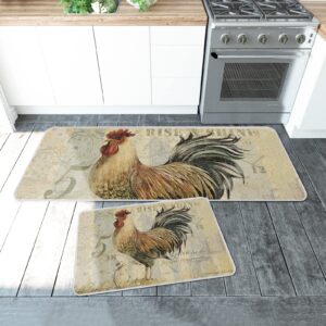 2 Piece Kitchen Mats Cushioned Anti Fatigue Chicken Cock Rooster Waterproof Non Slip Kitchen Rugs Washable Indoor Outdoor Vintage Rustic Farmhouse 15.7x23.6+15.7x47.2