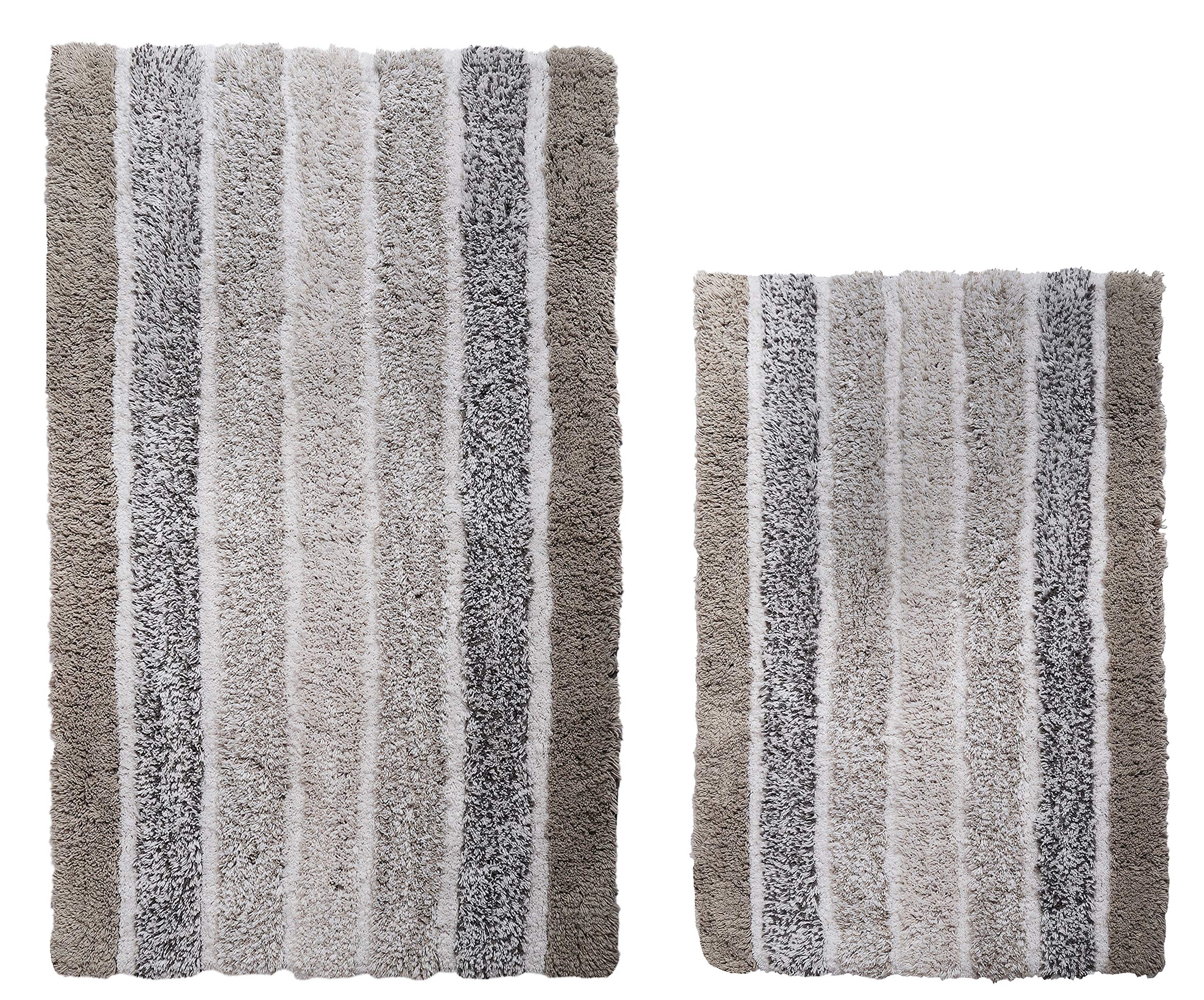 Ramanta Home Alpine Stripe Bath Rug Set of 2- Light Grey, Non Slip Bathroom Mat, 100% Cotton Kitchen Living Room Rugs, Machine Washable, 21x32 & 17x24 Inches