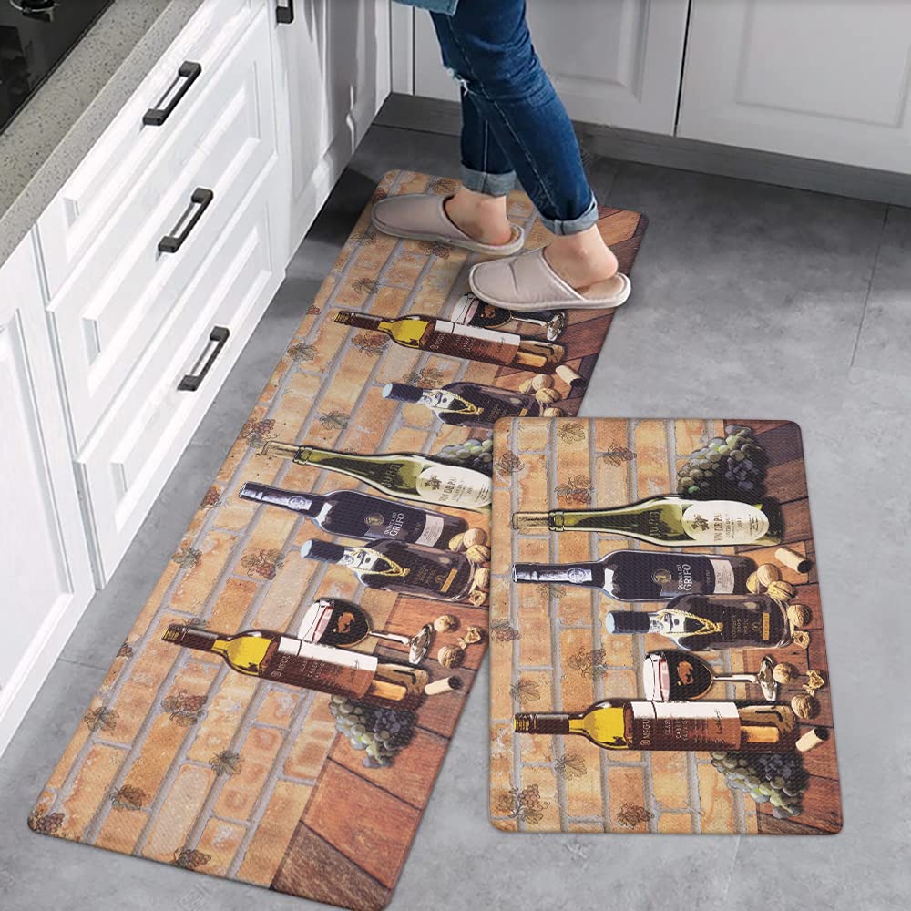 LEEVAN Kitchen Rug Set, Kitchen Floor Mats 2 Piece PVC Leather Anti Fatigue Comfort Heavy Duty Standing Mat Waterproof Oil Proof Non-Skid Rubber Back Washable Doormat Bathroom Area Rug Carpet