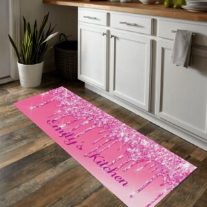 BEYODD Personalized Kitchen Room Mat and Rug, Custom Floor Mat Anti-Slip Rugs for Kitchen, Floor Home, Office, Store, Laundry Hot Pink Dripping Glitter, 48x17 ''