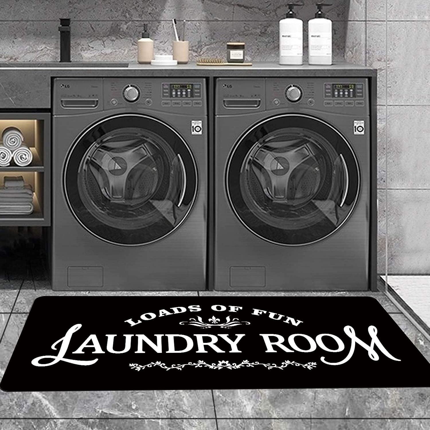 Black White Laundry Room Rug 20"x48" for Washer and Dryer Non Skid Rug Anti Fatigue Cushioned Laundry Floor Mats Comfy Laundry Runner Carpet Foam Mat for Kitchen Washroom Bathroom Farmhouse