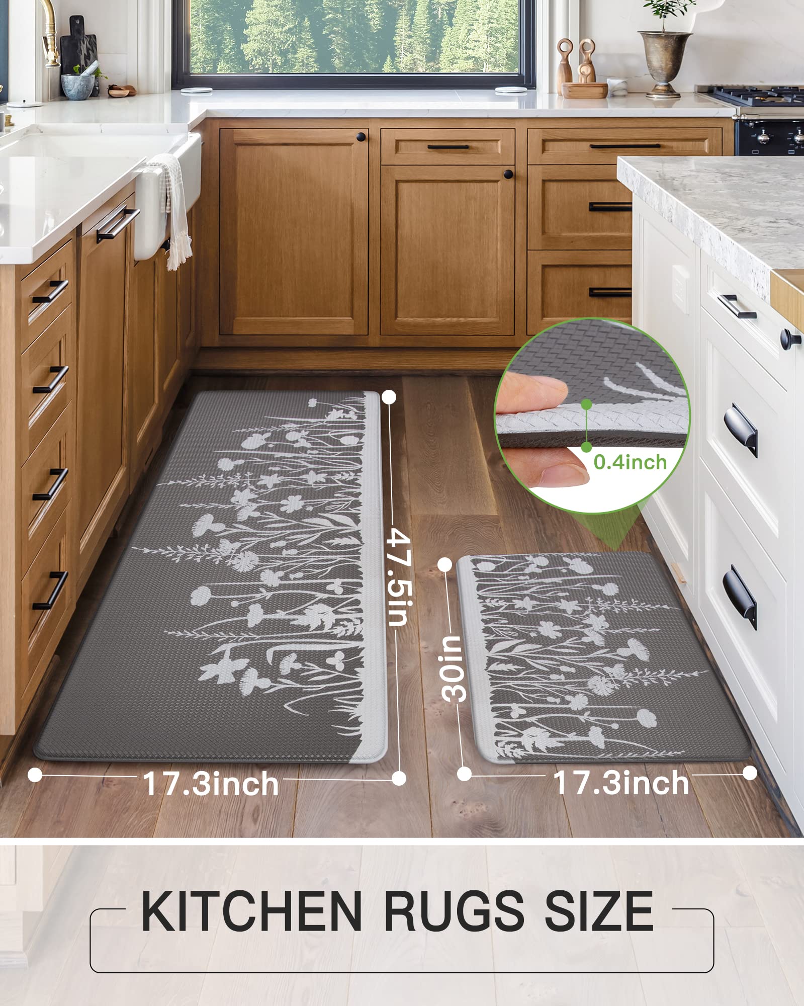 Kitchen Rugs and Mats Cushioned Anti Fatigue, Uamector 2 PCS Non Skid Kitchen Runner Rugs, Waterproof Memory Foam Kitchen Floor Mat, Standing Desk Mat for House, Sink, Office, Kitchen (Gray)