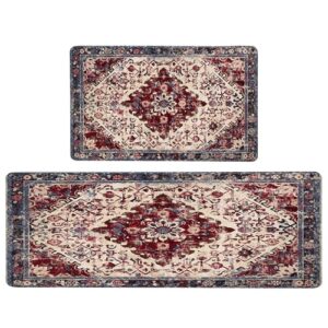 boho kitchen mat sets of 2 pieces anti fatigue pvc foam cushioned kitchen mats for floor waterproof farmhouse red kitchen rugs and mats non slip kitchen rug runner for sink, laundry, 17"x 47"+17"x 28"