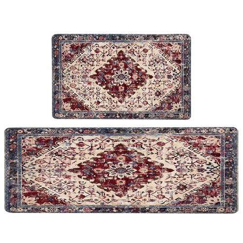 Boho Kitchen Mat Sets of 2 Pieces Anti Fatigue PVC Foam Cushioned Kitchen Mats for floor Waterproof Farmhouse Red Kitchen Rugs and Mats Non Slip Kitchen Rug Runner for Sink, Laundry, 17"x 47"+17"x 28"