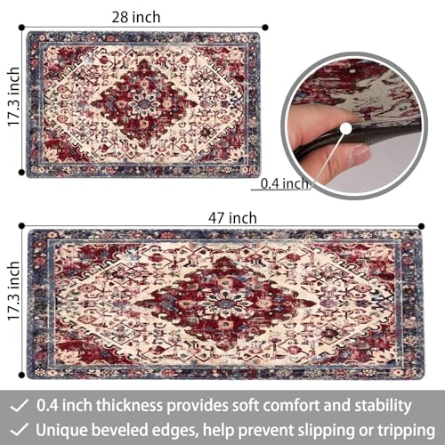 Boho Kitchen Mat Sets of 2 Pieces Anti Fatigue PVC Foam Cushioned Kitchen Mats for floor Waterproof Farmhouse Red Kitchen Rugs and Mats Non Slip Kitchen Rug Runner for Sink, Laundry, 17"x 47"+17"x 28"