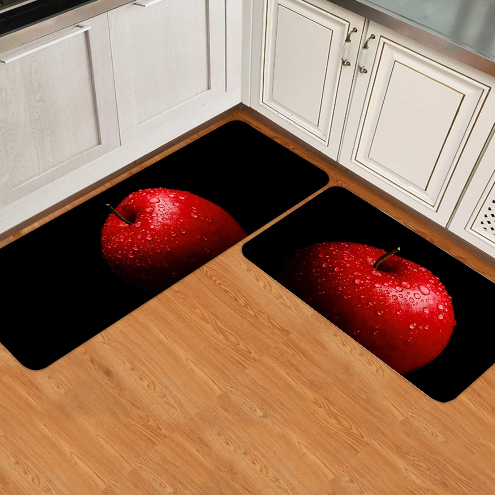 Ta-Home 2 Pieces Kitchen Rug Set Non-Slip Backing Mat Throw Rugs Doormats Red Apples Painting Absorbent Area Runner Carpet for Bathroom Water Drop Fruit Black Art, 15.7x23.6in+15.7x47.2in