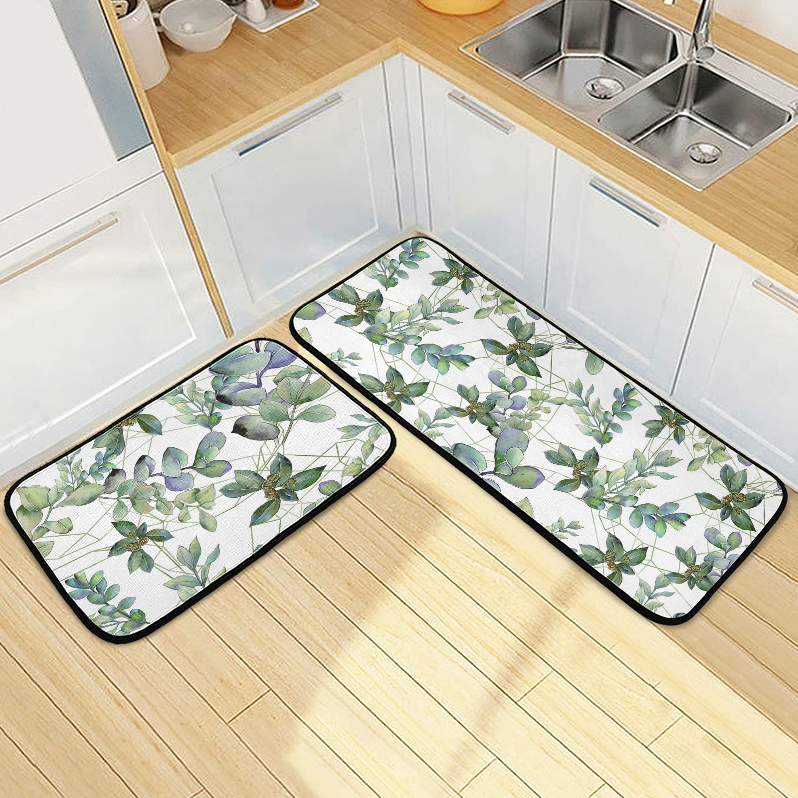 Green Kitchen Rugs Kitchen Mat Green Eucalyptus Anti Fatigue Mat Set of 2 Pieces Leaves Non Slip Entry Floor Carpet Door Mat Runner 20"x28"+20"x47" 20"x28"+20"x47"