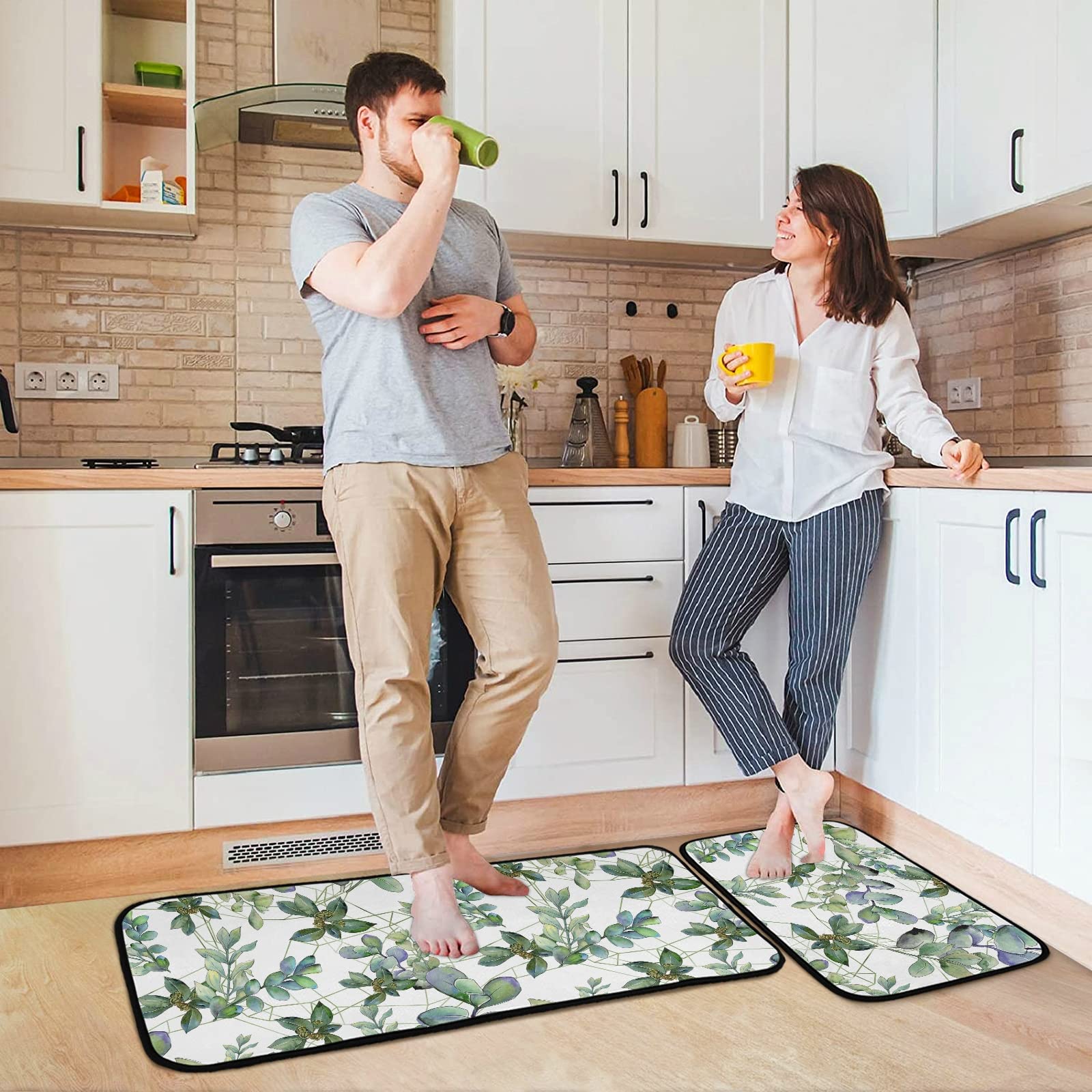 Green Kitchen Rugs Kitchen Mat Green Eucalyptus Anti Fatigue Mat Set of 2 Pieces Leaves Non Slip Entry Floor Carpet Door Mat Runner 20"x28"+20"x47" 20"x28"+20"x47"