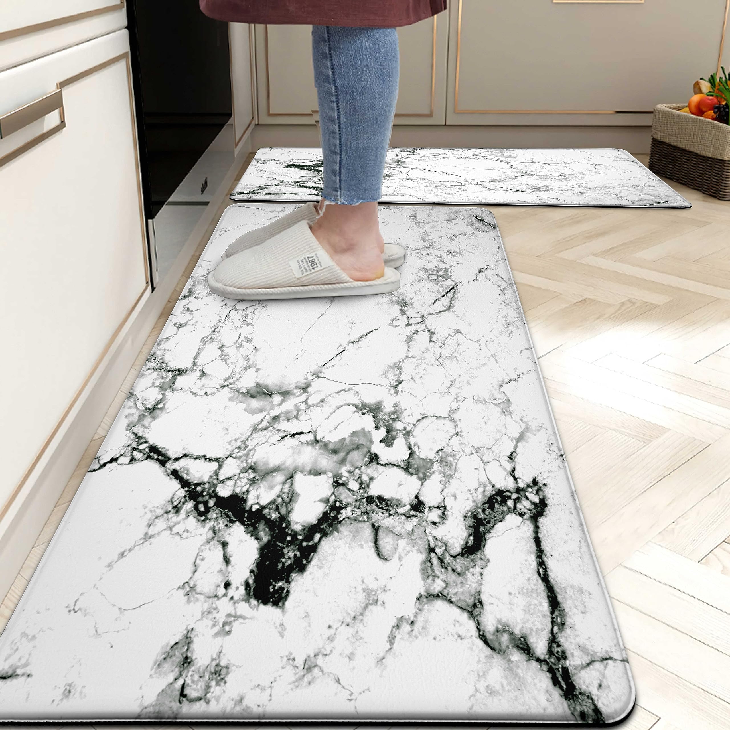 Black and White Marble Kitchen Mats Set of 2 Modern Marbling Printing Kitchen Rugs Waterproof Washable Non-Slip Anti Fatigue Comfort Standing Kitchen Rug and Mat for Laundry Sink Kitchen Floor