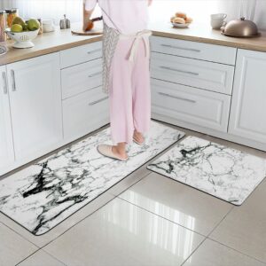 Black and White Marble Kitchen Mats Set of 2 Modern Marbling Printing Kitchen Rugs Waterproof Washable Non-Slip Anti Fatigue Comfort Standing Kitchen Rug and Mat for Laundry Sink Kitchen Floor