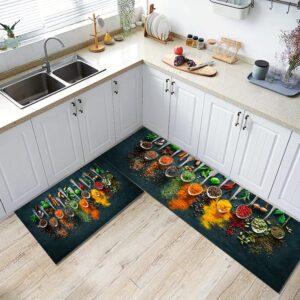 GUBIYU Cooking Herbs Spices Kitchen Rugs Kitchen Mat Bath Rug Floor Door Mats Non Slip Doormat Soft Runner Carpet Home Decor Chili Pepper Decorations Mats for Kitchen Floor 17.7X29.5+17.7X59 Inches