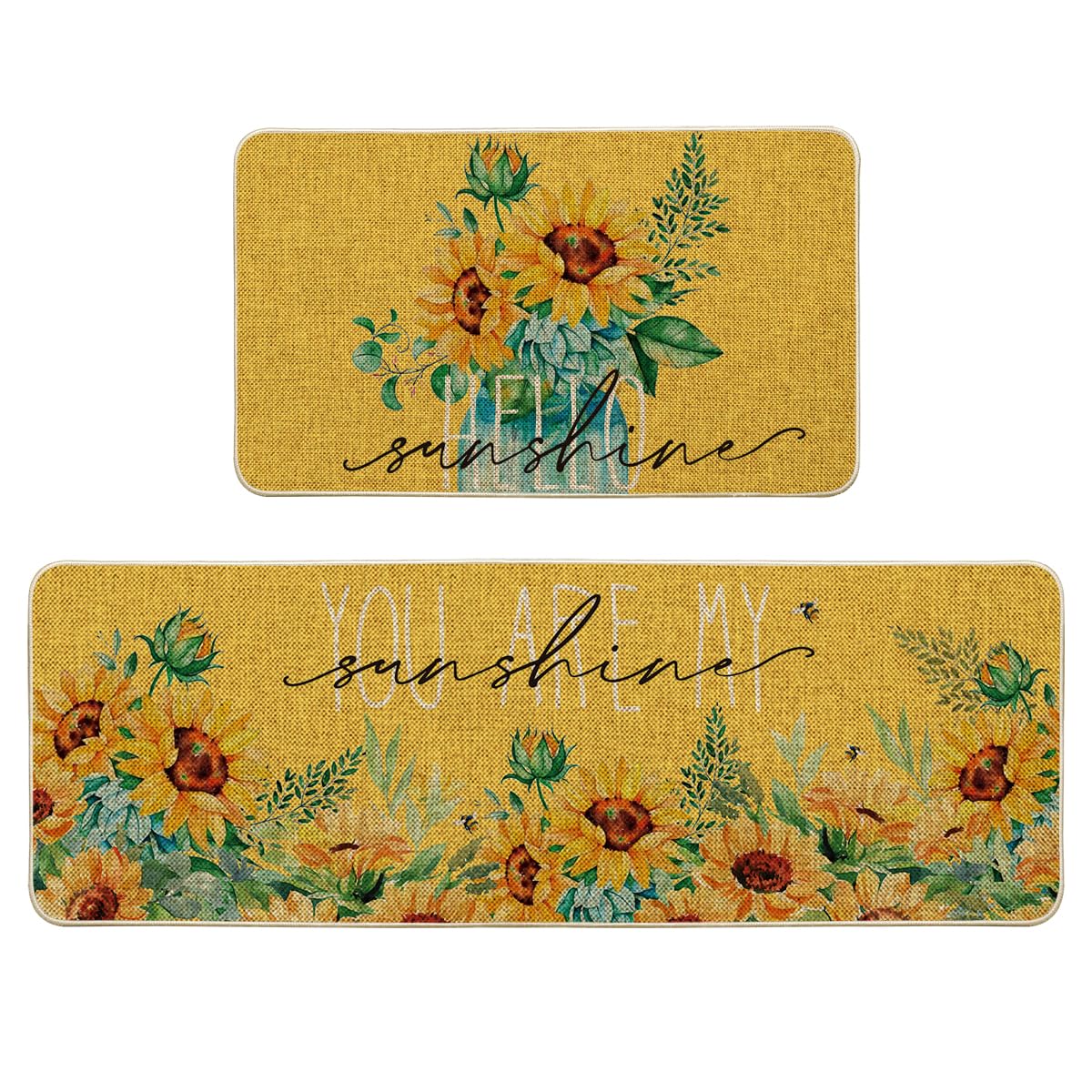 Artoid Mode Yellow Sunflowers Hello Sunshine Summer Kitchen Mats Set of 2, Seasonal Holiday Anniversary Holiday Decorations for Home Kitchen - 17x29 and 17x47 Inch