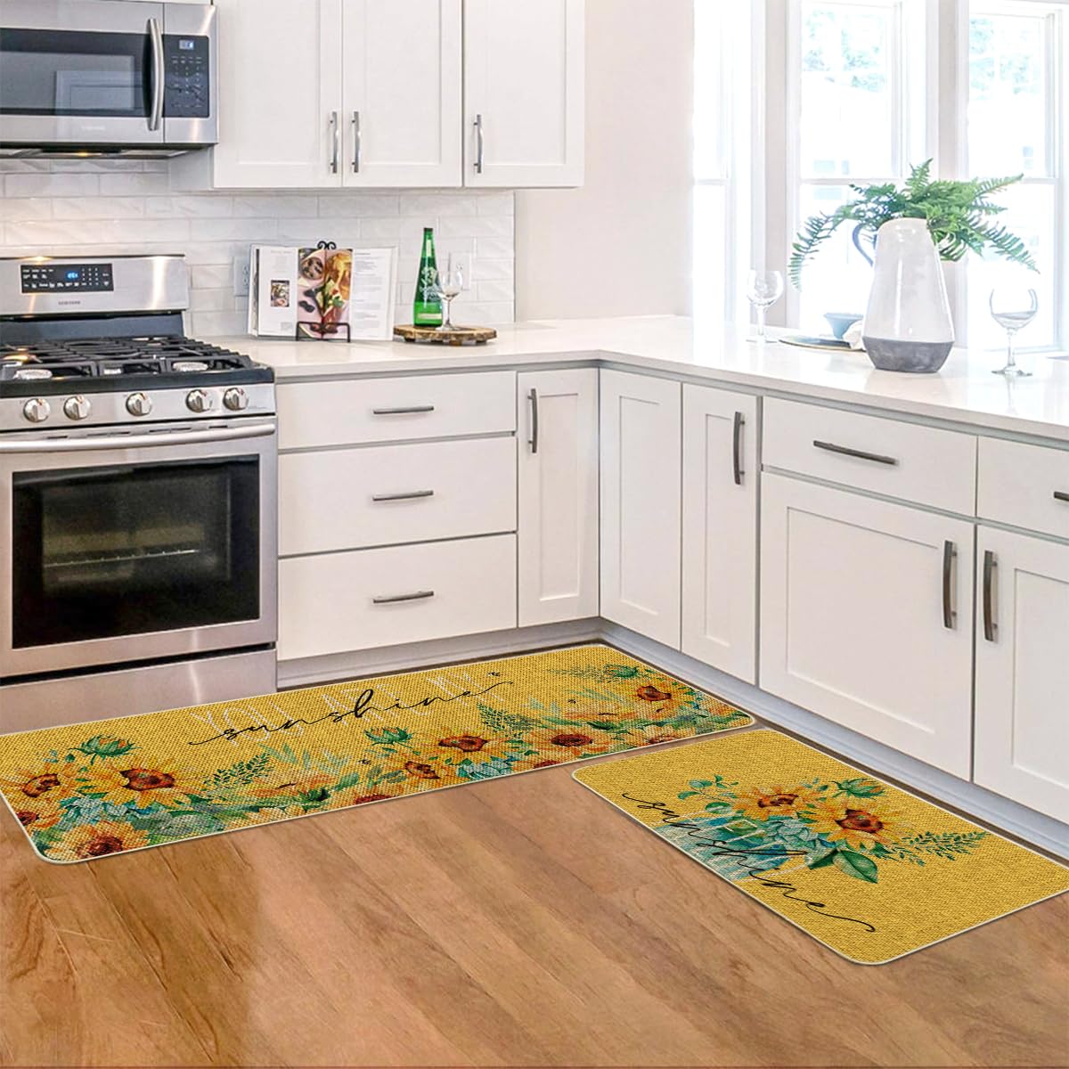 Artoid Mode Yellow Sunflowers Hello Sunshine Summer Kitchen Mats Set of 2, Seasonal Holiday Anniversary Holiday Decorations for Home Kitchen - 17x29 and 17x47 Inch