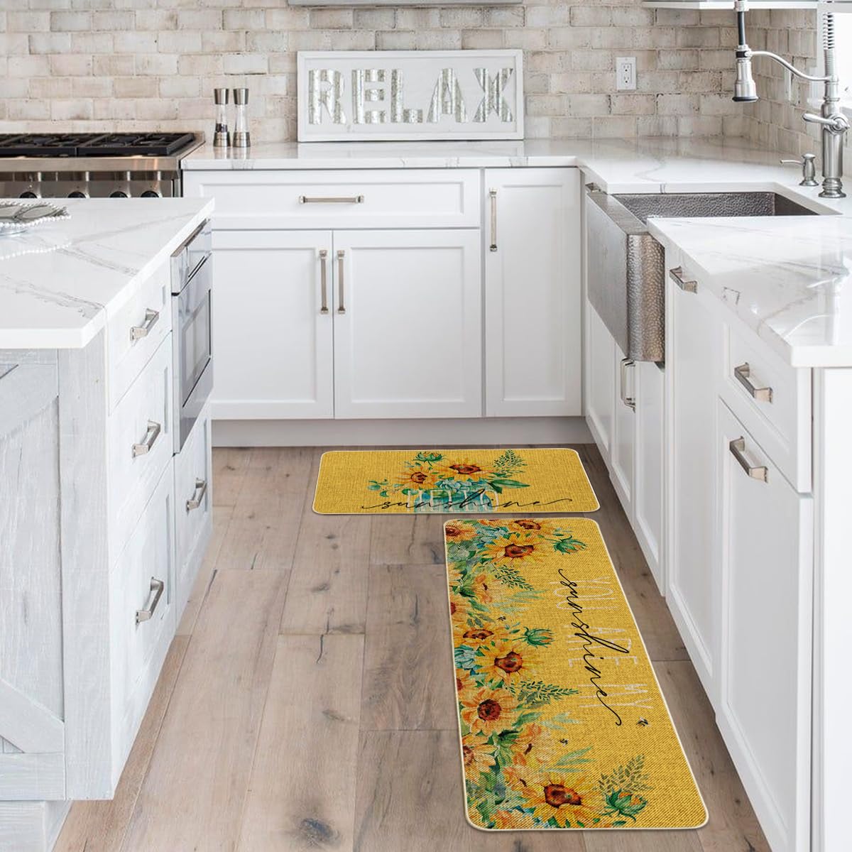 Artoid Mode Yellow Sunflowers Hello Sunshine Summer Kitchen Mats Set of 2, Seasonal Holiday Anniversary Holiday Decorations for Home Kitchen - 17x29 and 17x47 Inch