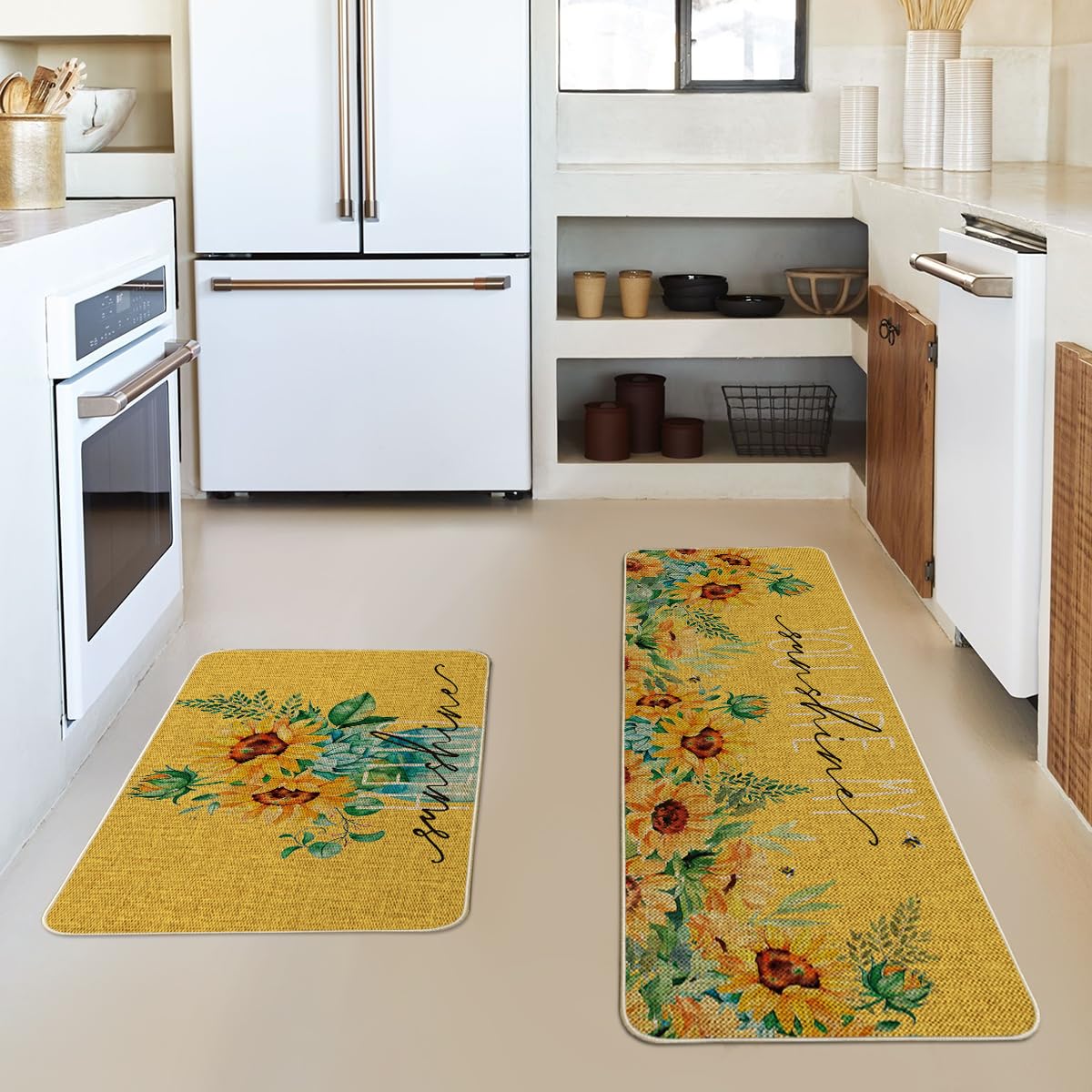 Artoid Mode Yellow Sunflowers Hello Sunshine Summer Kitchen Mats Set of 2, Seasonal Holiday Anniversary Holiday Decorations for Home Kitchen - 17x29 and 17x47 Inch