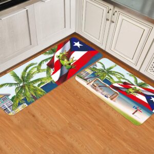 gsypo puerto rico kitchen rugs set 2 pieces, summer beach puerto rico flag frog non slip comfort standing floor mat, entryway doormat water absorbent washable runner 16"x24" + 16"x47"
