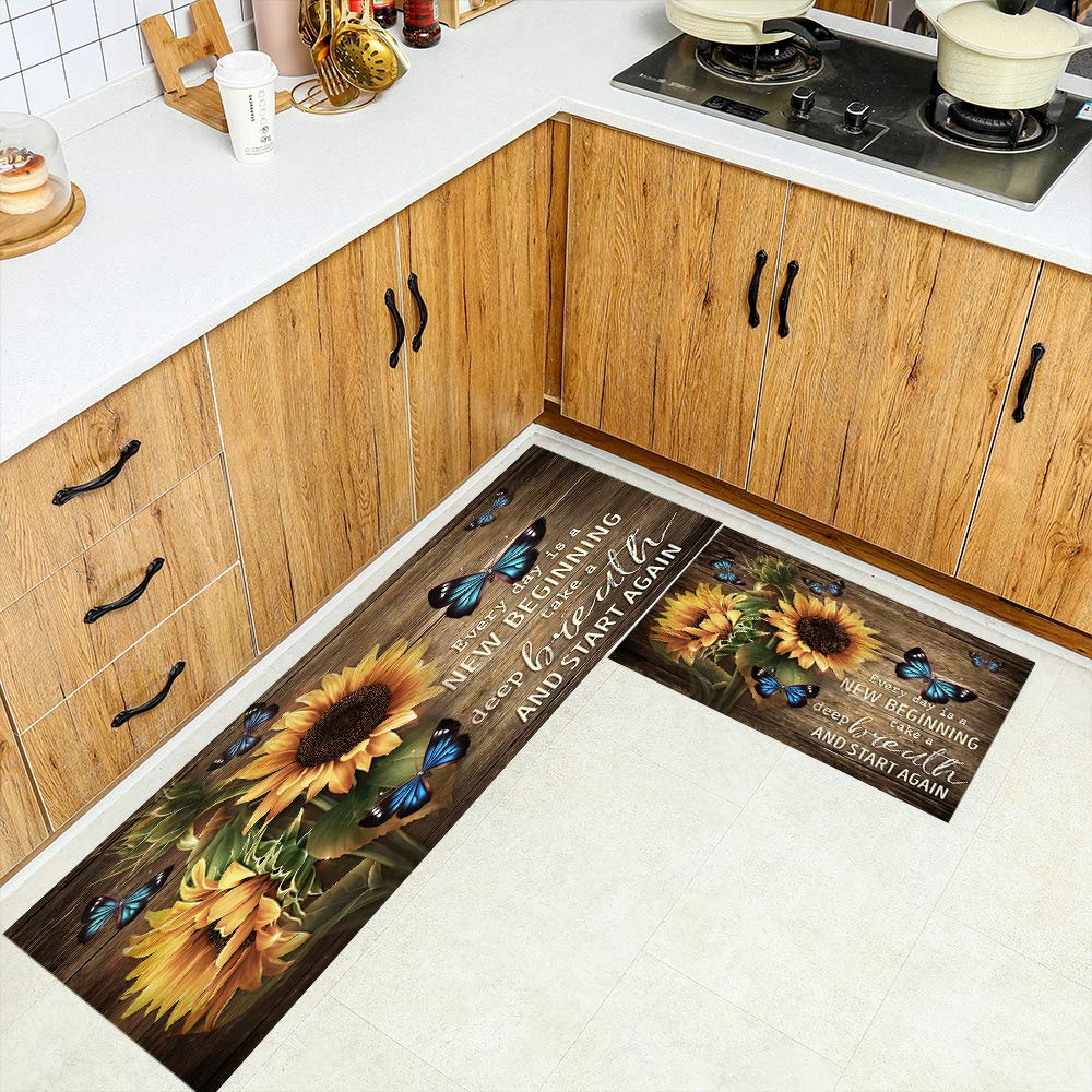 Kitchen Mats and Rugs 2 Pieces Cushioned Anti-Fatigue Floor Mat Sunflower Non-Slip Kitchen Rug Bathroom Mat Doormat Carpet Comfort Mat for Kitchen Floor Home Office Sink 17.5"X29"+17.5"X59" Brown