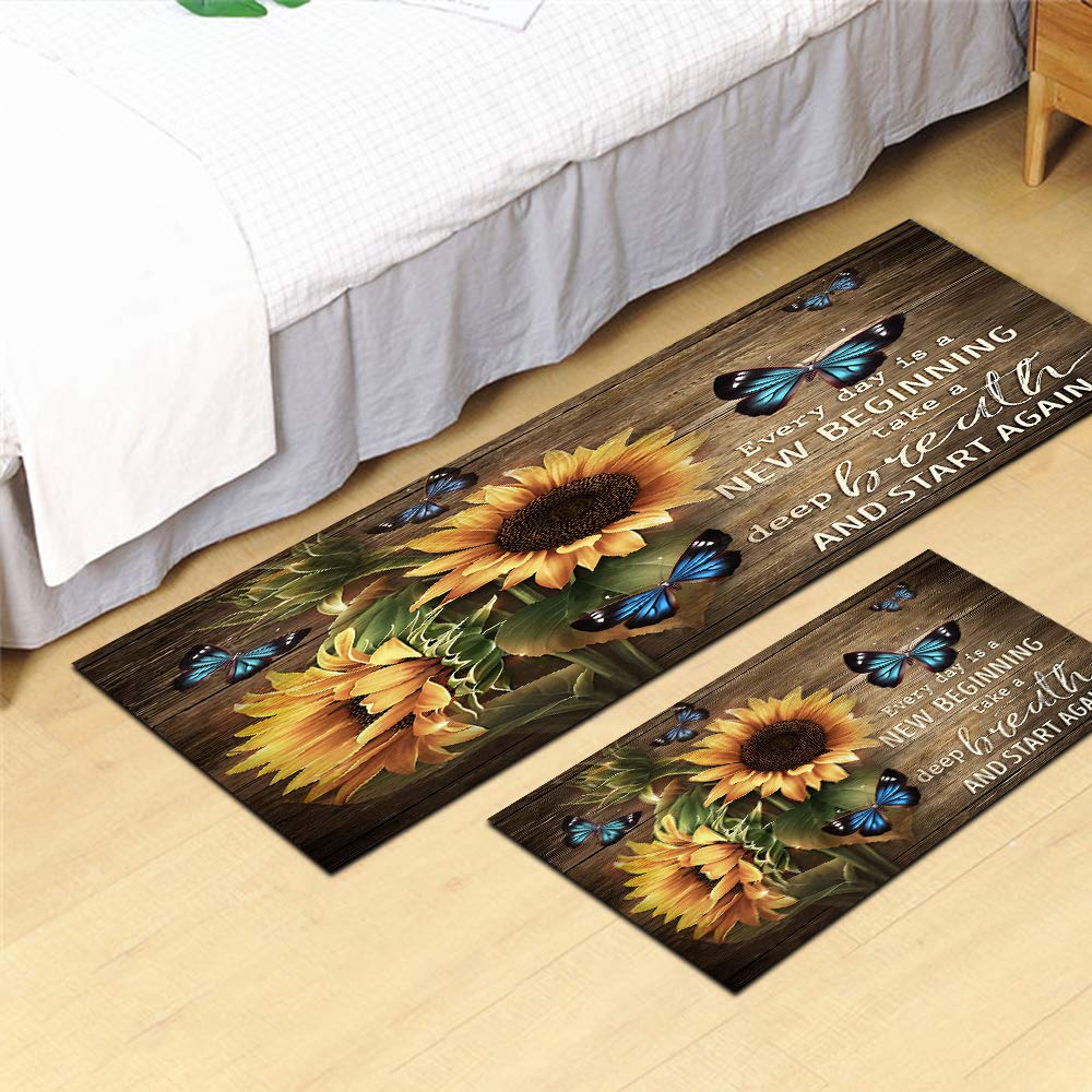 Kitchen Mats and Rugs 2 Pieces Cushioned Anti-Fatigue Floor Mat Sunflower Non-Slip Kitchen Rug Bathroom Mat Doormat Carpet Comfort Mat for Kitchen Floor Home Office Sink 17.5"X29"+17.5"X59" Brown