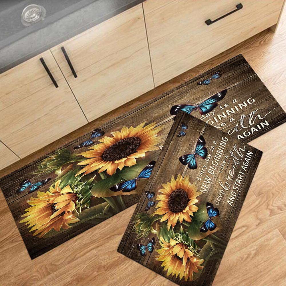 Kitchen Mats and Rugs 2 Pieces Cushioned Anti-Fatigue Floor Mat Sunflower Non-Slip Kitchen Rug Bathroom Mat Doormat Carpet Comfort Mat for Kitchen Floor Home Office Sink 17.5"X29"+17.5"X59" Brown