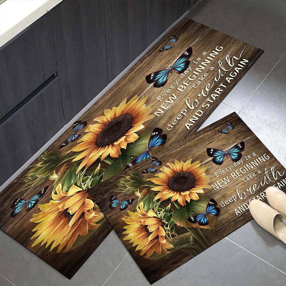 Kitchen Mats and Rugs 2 Pieces Cushioned Anti-Fatigue Floor Mat Sunflower Non-Slip Kitchen Rug Bathroom Mat Doormat Carpet Comfort Mat for Kitchen Floor Home Office Sink 17.5"X29"+17.5"X59" Brown