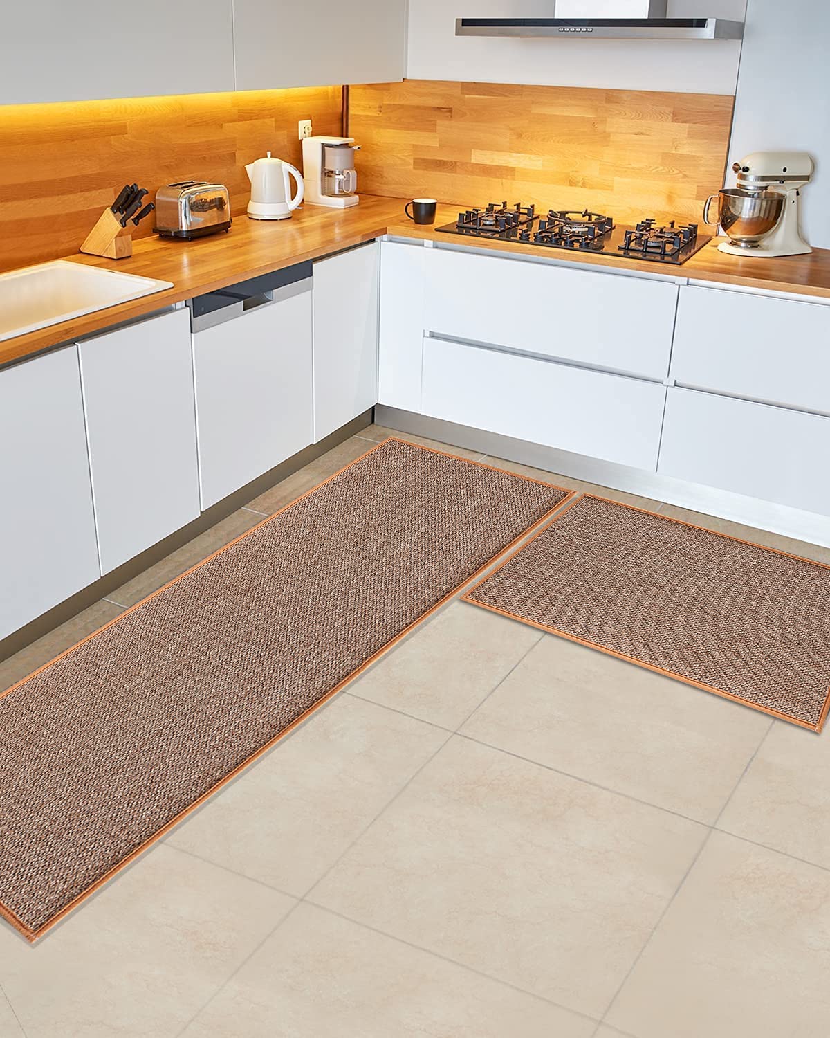 JMZNBF Twill Kitchen MAT Rugs and Mats Non Skid Washable Sets of 2 Floor for in Front Sink Heavy Duty Standing Countertop Fridge(Oats), 17*30+17*48