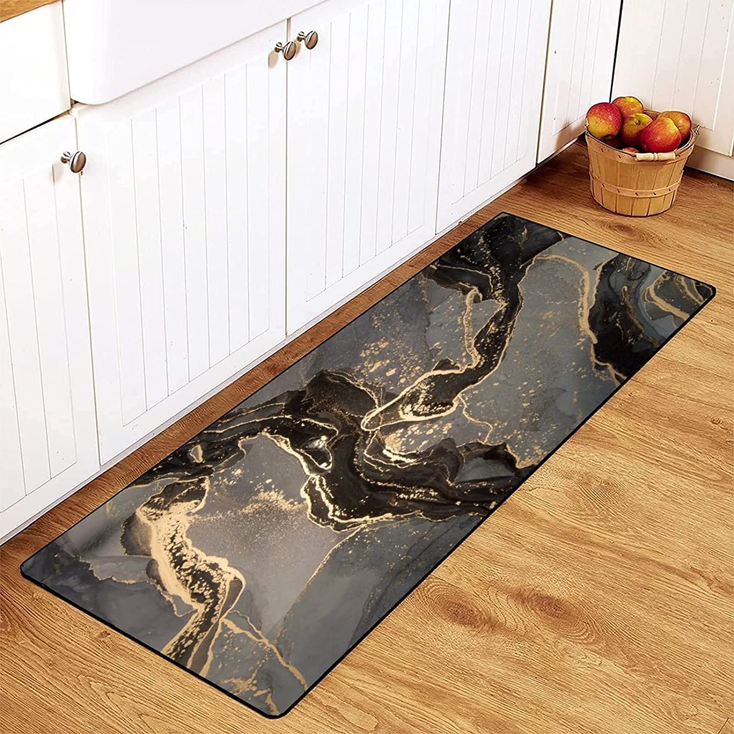 TsyTma Luxury Black Gray Gold Marble Kitchen Rug Soft Kitchen Mats Black Gold Glitter Bathroom Rug Runner Doormats Carpet for Home Decor 39" X 20"