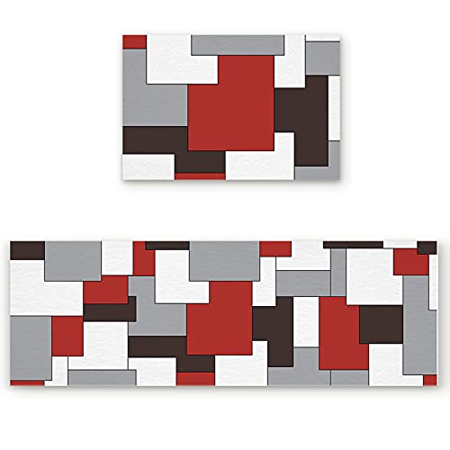 Mid Century Kitchen Rugs and Mats Set of 2 Geometric Abstract Modern Classic Gray Red Kitchen Mats Non-Slip Rubber Backing Doormat Washable Kitchen Runner Rug for Floor Sink 15.7"x23.6"+15.7"x47.2"