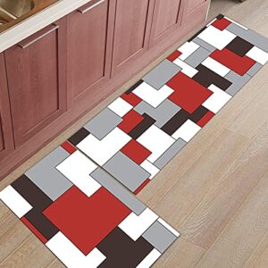 Mid Century Kitchen Rugs and Mats Set of 2 Geometric Abstract Modern Classic Gray Red Kitchen Mats Non-Slip Rubber Backing Doormat Washable Kitchen Runner Rug for Floor Sink 15.7"x23.6"+15.7"x47.2"