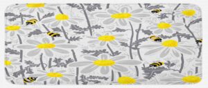ambesonne grey kitchen mat, daisy flowers bees in spring time honey petals floret nature purity blooming, plush decorative kitchen mat with non slip backing, 47" x 19", yellow white