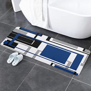 Kitchen Rugs and Mats Set -1 Pcs Non-Slip Cushioned Carpet Front of Sink Modern Abstract Geometric Washable Floor Doormat Area Runner Royal Blue Black Grey Color Blocks Absorbent Bathroom Rugs