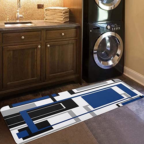 Kitchen Rugs and Mats Set -1 Pcs Non-Slip Cushioned Carpet Front of Sink Modern Abstract Geometric Washable Floor Doormat Area Runner Royal Blue Black Grey Color Blocks Absorbent Bathroom Rugs